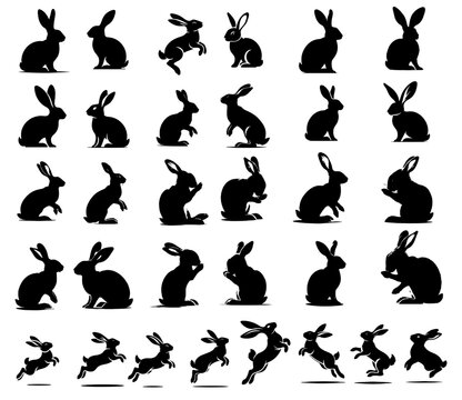Set de silhouettes de lapins dans différents positions, isolé du fond 