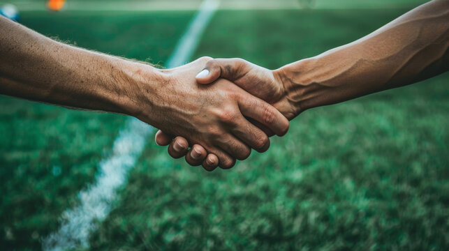 Sportsmanship handshake against the backdrop of a soccer match. Concept of Football World Cup and sports competition between international teams.