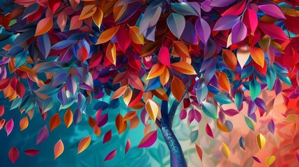 Abstract 3D illustration of a colorful tree with vibrant multicolored leaves on hanging branches, surreal wallpaper background