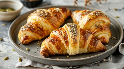 Enjoy a delicious morning treat of freshly baked homemade croissants for breakfast. Indulge in both traditional and whole-grain croissants, complete with pumpkin seeds, displayed elegantly on a gray p
