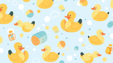 Bath toy duck and soap bubbles vector seamless patt