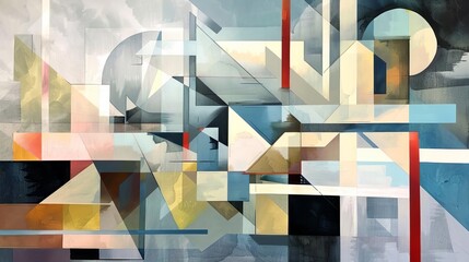 Abstract Cityscape with Overlapping Geometric Shapes and Muted Colors, Modern Art