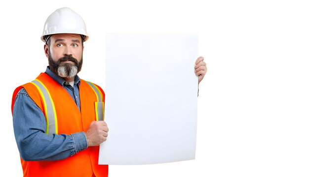 Labor Man Holding Banner PNG Image , Male construction worker in helmet and orange vest, isolated on white transparent background