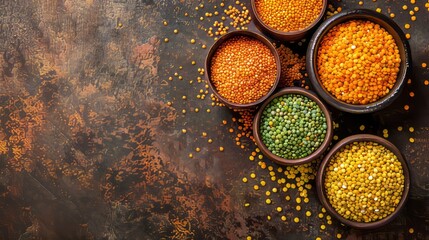 Obraz na płótnie Canvas Multicolored lentils in bowls on a brown background, yellow and brown, green and orange lentils, healthy legumes, top view, copy space 