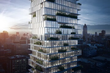 Photo Sustainable glass office tower integrates nature into urban environment - obrazy, fototapety, plakaty