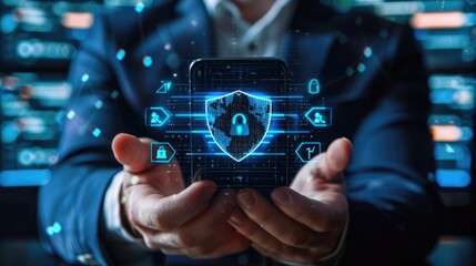 smartphone, lock security hologram for data safety protection. Cybersecurity for digital analytics.