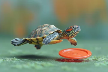 Fotobehang 3D turtle with frisbee active play © Naret