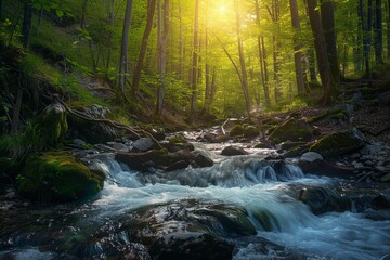 a river running through a forest - obrazy, fototapety, plakaty