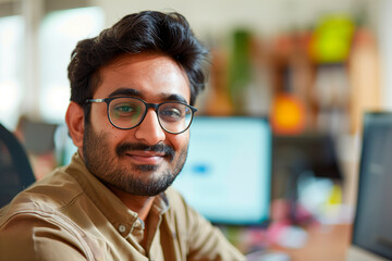 Obraz premium Computer engineer with glasses poses smiling at the camera with computer screens in the background.