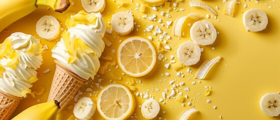   Banana ice cream sundae on a yellow background with sliced bananas and white sprinkles