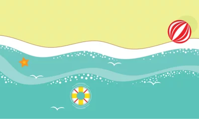 Gordijnen Blue sea and beach summer banner background with abstract ripple. © Fajar