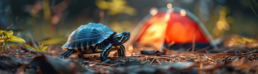 Miniature turtle with camping tent adventurer
