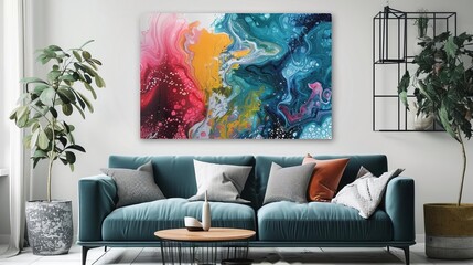 Abstract Fluid Art with Swirling Colors and Organic Shapes, Modern Acrylic Pour Painting