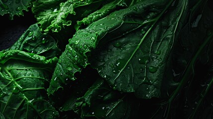Clean Green leafy vegetables with water drops on black background, no text, no titles --ar 16:9 --quality 0.5 --stylize 0 Job ID: 75fb045e-f7d0-4cb9-baec-6780138d81fa - obrazy, fototapety, plakaty