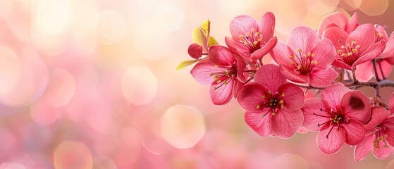   Pink flowers bloom on a branch in front of a blurred boke of light