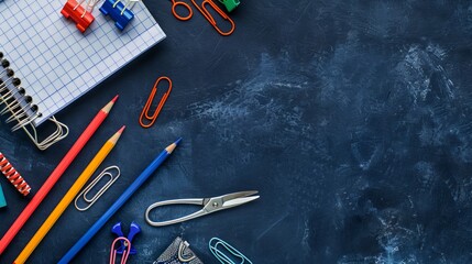 School tools, equipment (scissor, pen, paper, pencil, clips) on dark blue bacground. Copy space - - obrazy, fototapety, plakaty