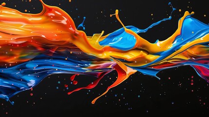 Abstract liquid explosion with curved waves and paint drops on black background