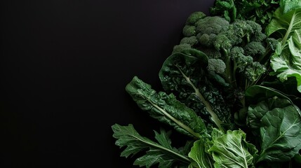 Clean Green leafy vegetables with water drops on black background, no text, no titles --ar 16:9 --quality 0.5 --stylize 0 Job ID: 75fb045e-f7d0-4cb9-baec-6780138d81fa
