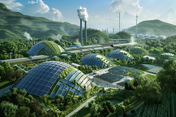 A futuristic green industry eco power plant amidst lush surroundings, exemplifying a commitment to preserving the environment and ensuring low carbon emissions