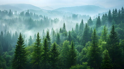 A fog-shrouded forest with layers of pine trees, exuding natural beauty and tranquility. Earth Day Concept