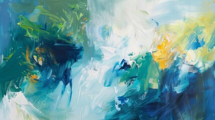 Abstract oil painting featuring bold, expressive brushstrokes in shades of blue, green, and gold, evoking emotions of tranquility and harmony - obrazy, fototapety, plakaty
