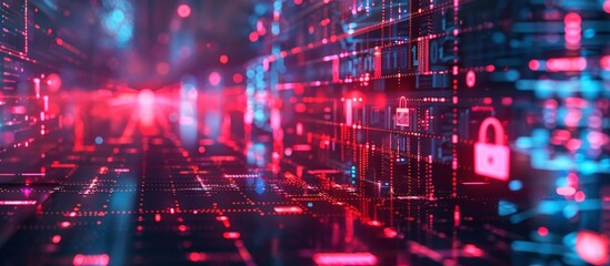 Fototapeta premium A dark room filled with red and blue lights and data