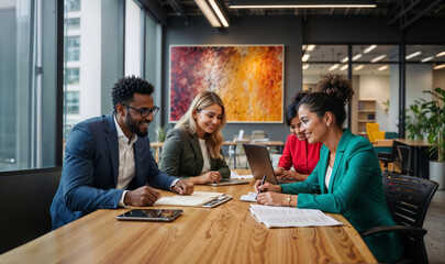 Diverse, multiracial group of coworkers, young adult man and women working on desk in modern office setting, having a meeting, brainstorming, relaxed work environment