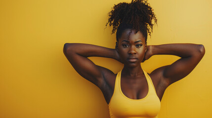Black fitness girl in powerful dynamic posture against a yellow background. Concept for wellness...