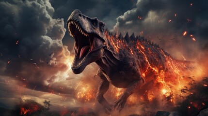 Dinosaur in fire flame in a burning forest. Photorealistic. - obrazy, fototapety, plakaty