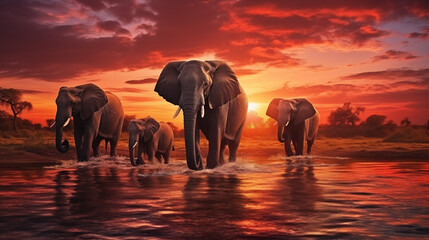 Sunset River Crossing by Elephant Herd in Natural Habitat