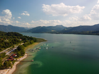 Aerial photo Lake Orta, the shore of the lake from above.