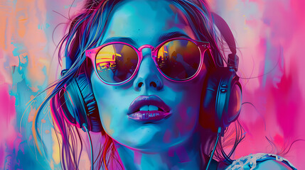 portret of a beautiful woman with headphones and sunglasses - obrazy, fototapety, plakaty