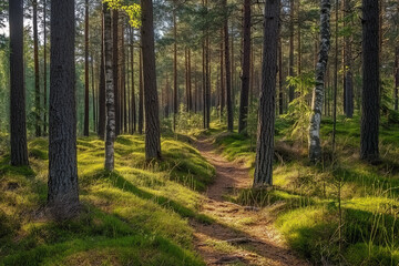 a beautiful green pine forest for a computer wallpaper, or for the texture of the view outside the window in a visualization
