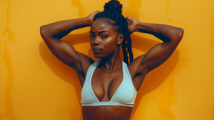Black fitness girl in powerful dynamic posture against a yellow background. Concept for wellness...