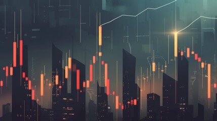 An image of candlestick charts of stocks, cryptocurrencies or other financial instruments against a skyscraper skyline, emphasizing their connection with the global economy --ar 16:9 --quality 0.5 - - obrazy, fototapety, plakaty