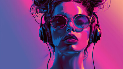 portret of a beautiful woman with headphones and sunglasses - obrazy, fototapety, plakaty