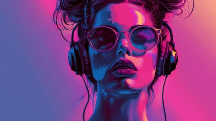 Fotobehang portret of a beautiful woman with headphones and sunglasses © DigitaArt.Creative