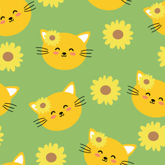 Seamless pattern with cute cartoon cats and yellow flower for fabric print, textile, gift wrapping paper. children's colorful vector, flat style