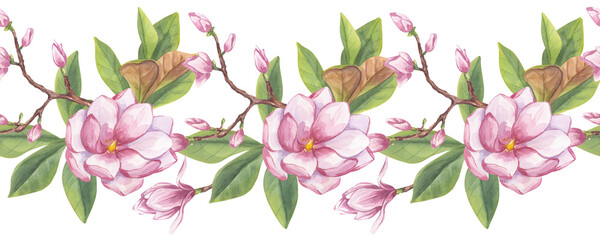 Seamless endless border pink magnolia, blue berries, green leaves foliage, butterfly. Hand drawn watercolor illustration background. Botanical element printing on fabric textiles, packaging, wallpaper