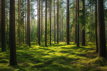 Obraz premium a beautiful green pine forest for a computer wallpaper, or for the texture of the view outside the window in a visualization