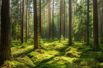 a beautiful green pine forest for a computer wallpaper, or for the texture of the view outside the window in a visualization
