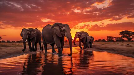 Fototapeta na wymiar Herd of Elephants Crossing River at Vibrant Sunset in the Wild