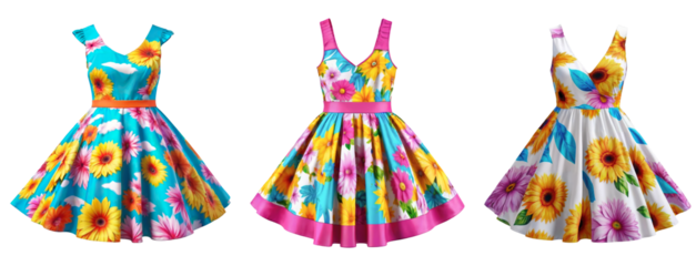 AI generated three summer dresses with flower patterns isolated on transparent background 