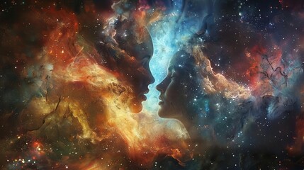 Abstract representation of two souls connecting in a cosmic, star-filled background, evoking deep emotional and spiritual themes - obrazy, fototapety, plakaty