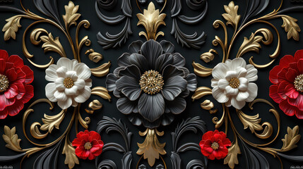 ornate black matte  and red floral baroque pattern with gold accents - obrazy, fototapety, plakaty