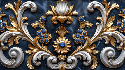 opulent blue and gold floral baroque embellishments on dark backdrop - obrazy, fototapety, plakaty