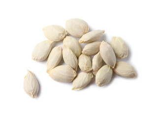 Many seeds of tangerine isolated on white, top view