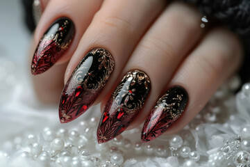 luxurious almond shaped nails with black and red baroque patterns - obrazy, fototapety, plakaty