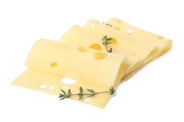 Slices of tasty fresh cheese and thyme isolated on white