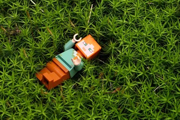 Obraz premium Top down view of LEGO Minecraft figure of Alex in green shirt lying on soft spring foliage of moss, Polytrichum family, raising hands. 